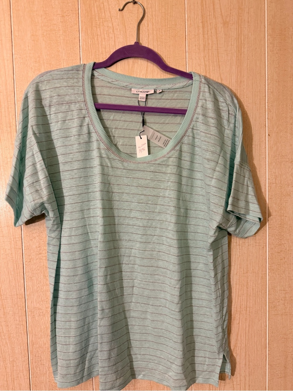 Chico's Mint Green Striped Short Sleeve Top